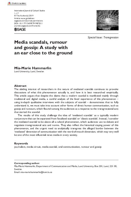 Media scandals, rumour and gossip: A study with an ear close to .